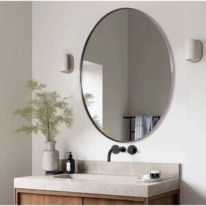Brushed Nickel 24 x 32 Oval Wall Hanging Bathroom Mirror Stainless NEW